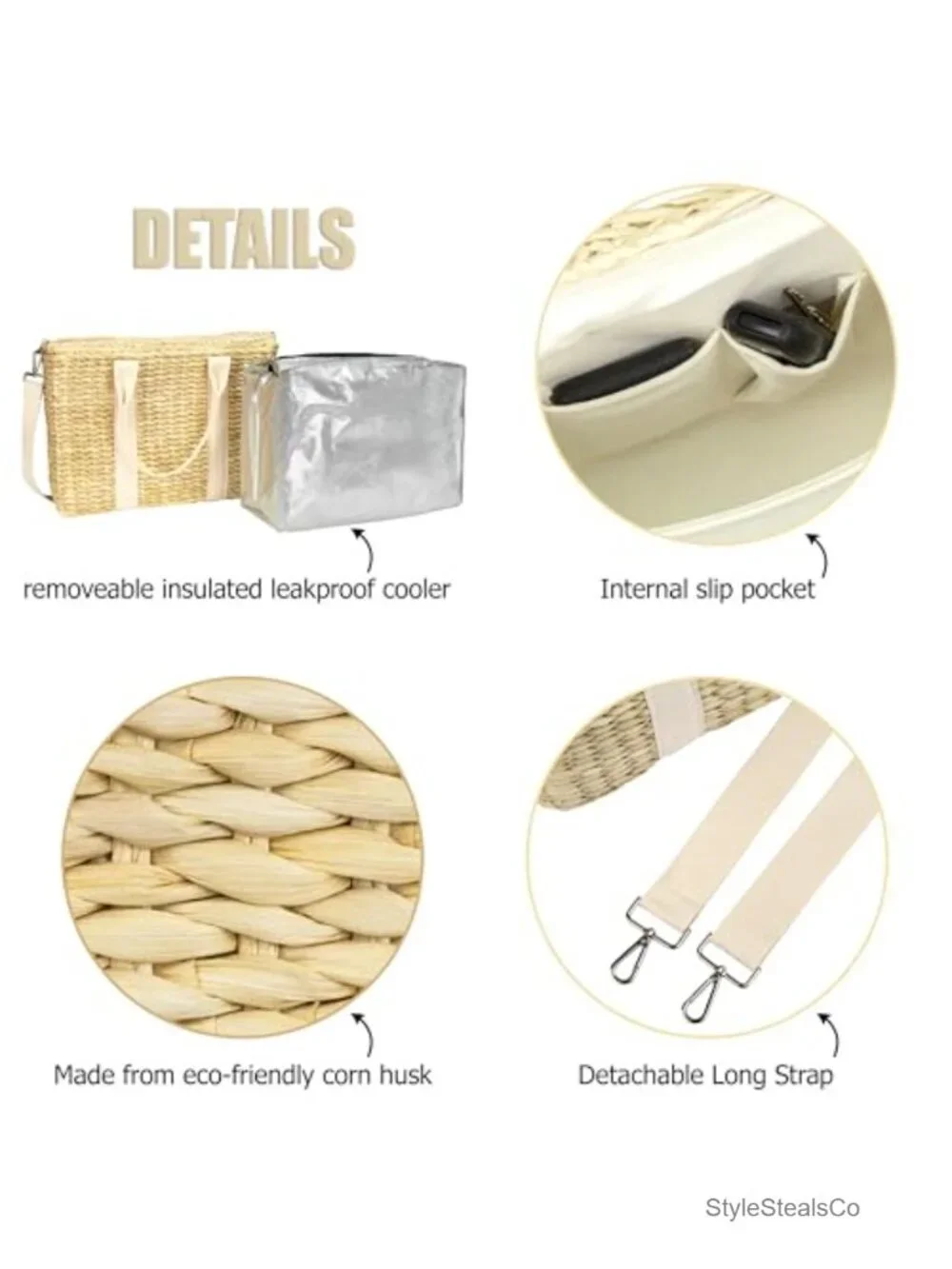 Insulated Beach Cooler Bag, Leak Proof, Corn Husk, Tote, Lunch Bag
